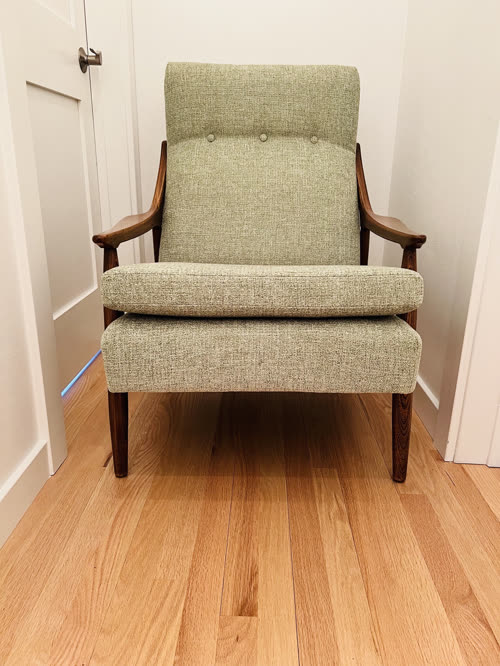 Mid-century lounge chair reupholstered in sage tweed